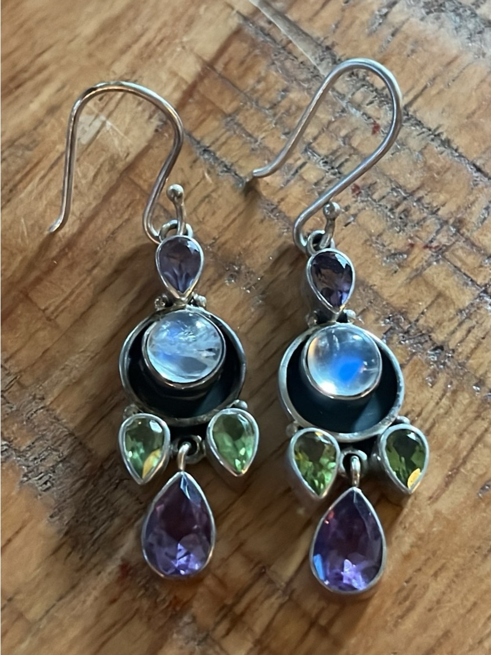 SLG Sterling Silver Amethyst Moonstone Peridot Dangle Earrings